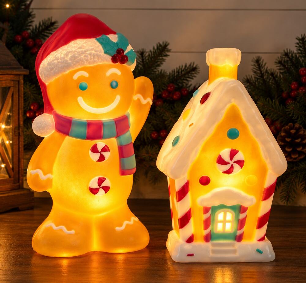 Holiday Time Gingerbread Man House Light Up Christmas Blow Mold Decor Set 2 New